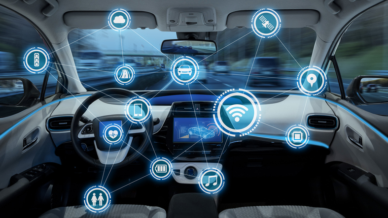 intelligent vehicle cockpit and wireless communication network concept.