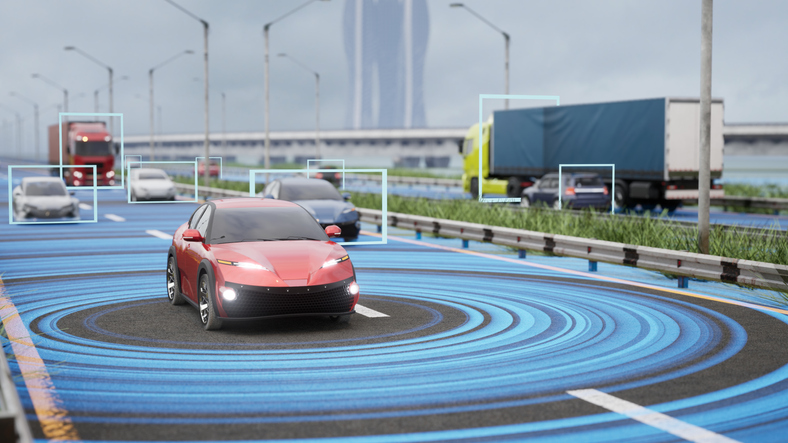 3D illustration of traffic with self driving car.